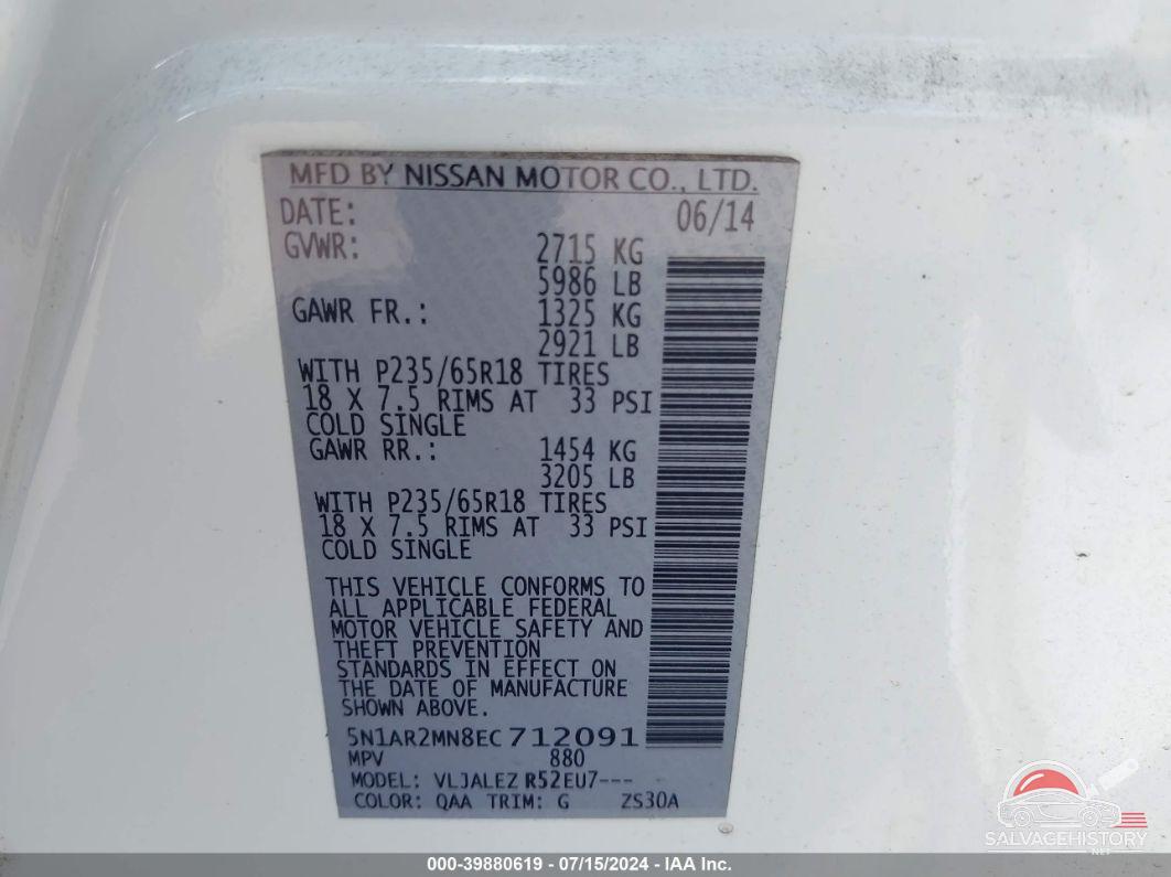 5N1AR2MN8EC712091 2014 NISSAN PATHFINDER photo no. 9