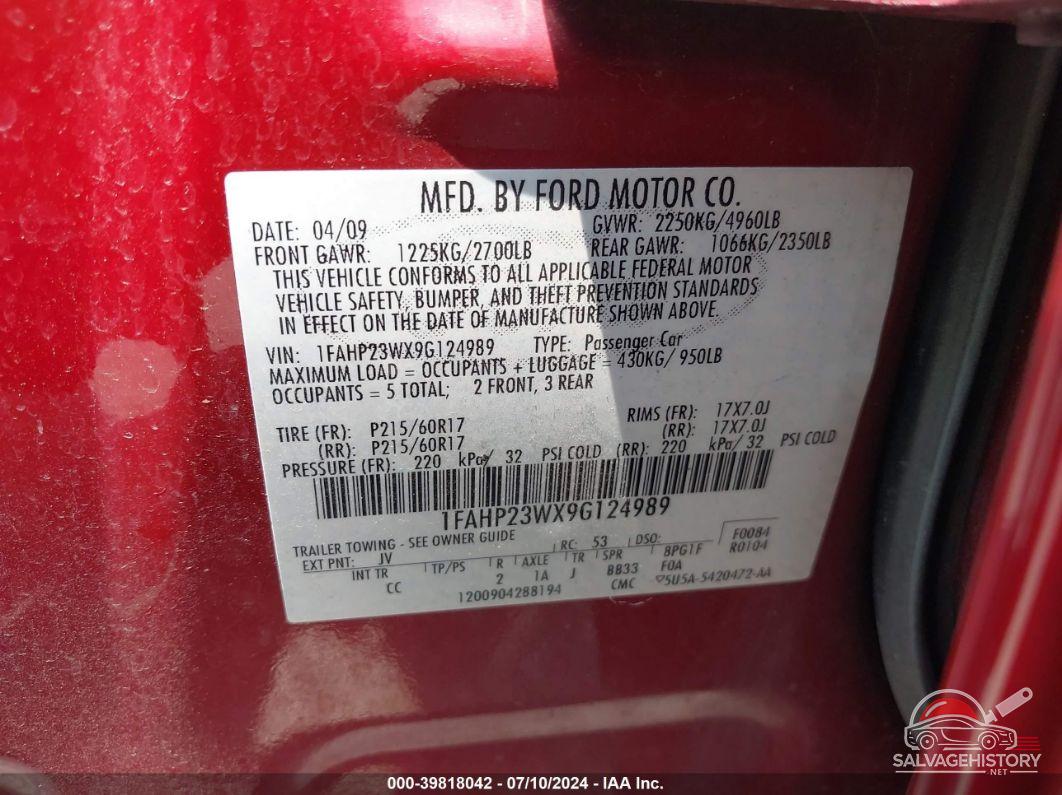 1FAHP23WX9G124989 2009 FORD TAURUS photo no. 9