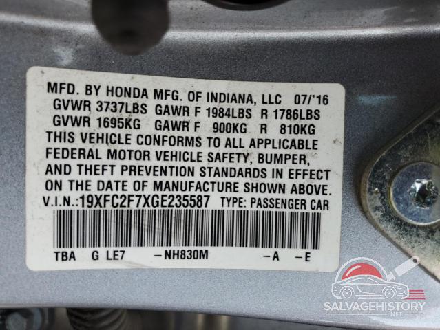 19XFC2F7XGE235587 2016 HONDA CIVIC photo no. 12