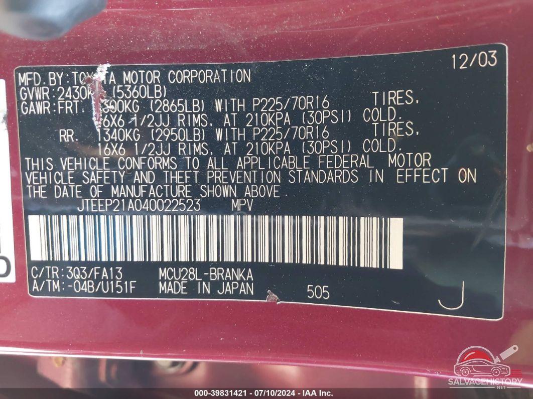 JTEEP21A040022523 2004 TOYOTA HIGHLANDER photo no. 9