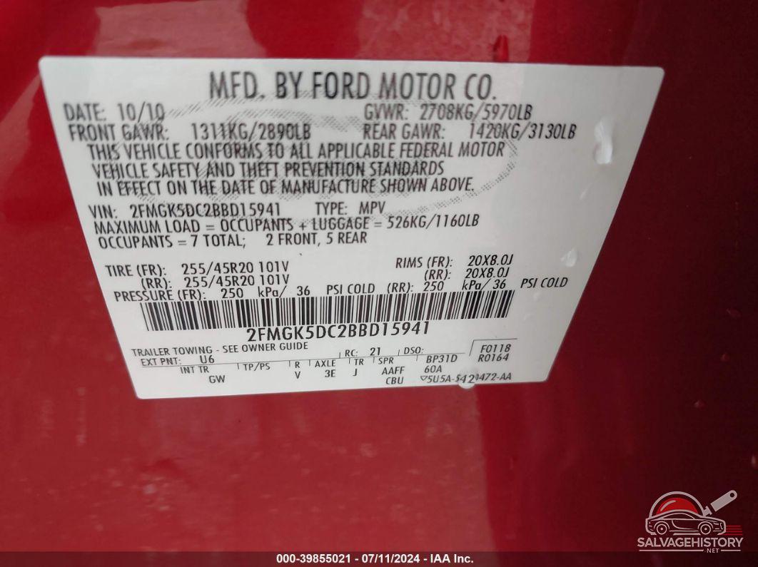 2FMGK5DC2BBD15941 2011 FORD FLEX photo no. 9