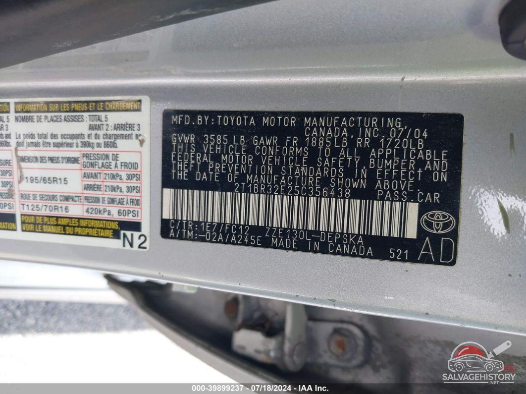 2T1BR32E25C356438 2005 TOYOTA COROLLA photo no. 9