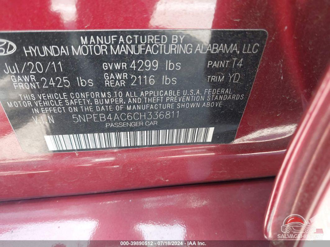 5NPEB4AC6CH336811 2012 HYUNDAI SONATA photo no. 9