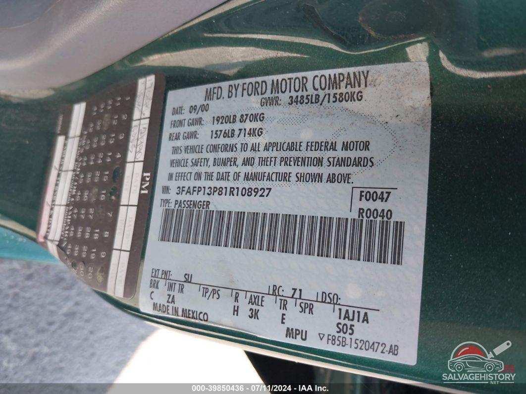 3FAFP13P81R108927 2001 FORD ESCORT photo no. 9