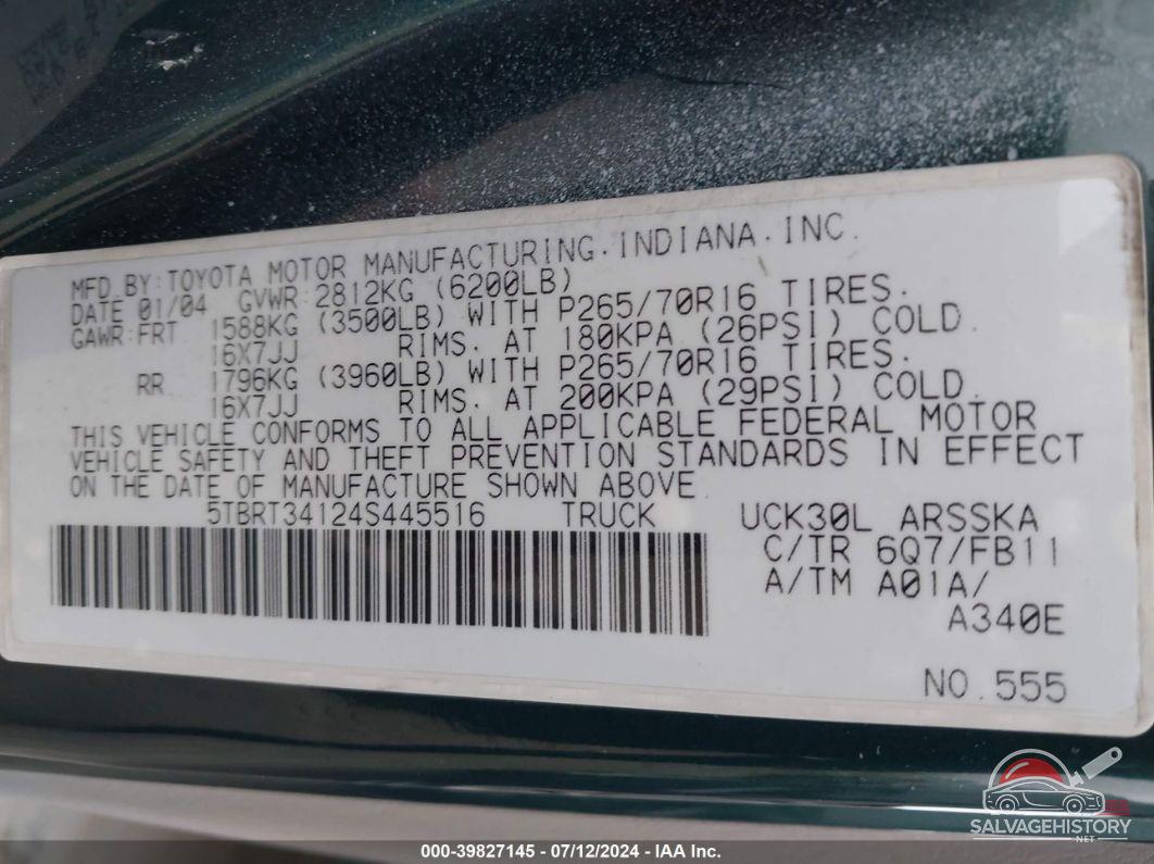 5TBRT34124S445516 2004 TOYOTA TUNDRA photo no. 9
