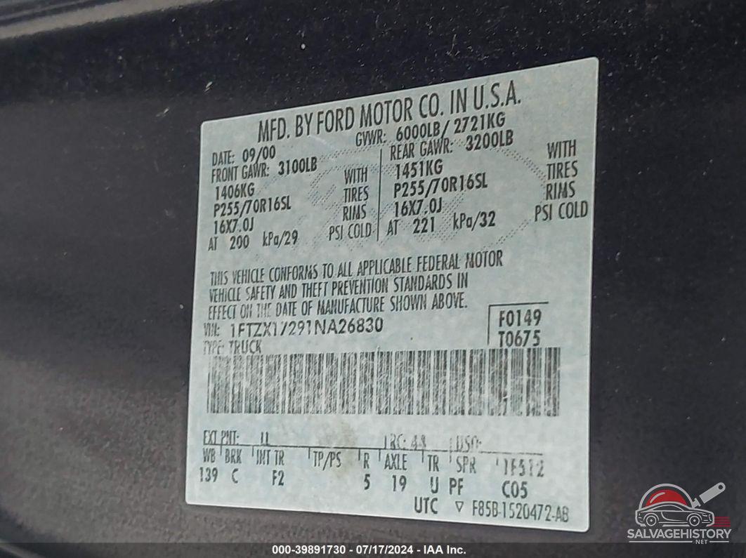 1FTZX17291NA26830 2001 FORD F150 photo no. 9