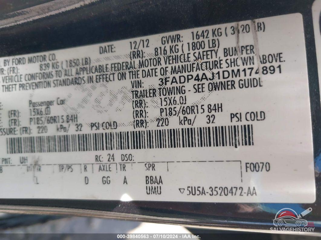 3FADP4AJ1DM174891 2013 FORD FIESTA photo no. 9