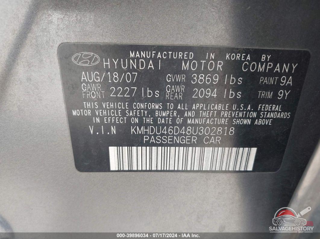 KMHDU46D48U302818 2008 HYUNDAI ELANTRA photo no. 9
