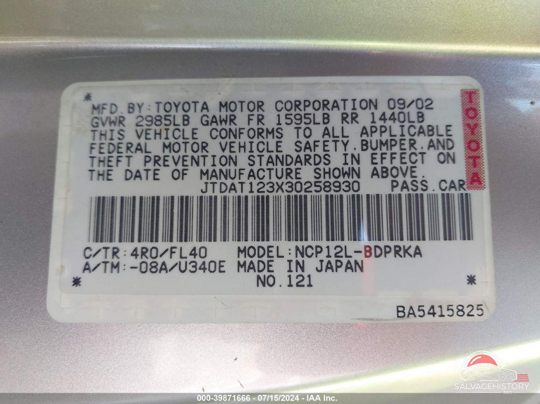 JTDAT123X30258930 2003 TOYOTA ECHO photo no. 9