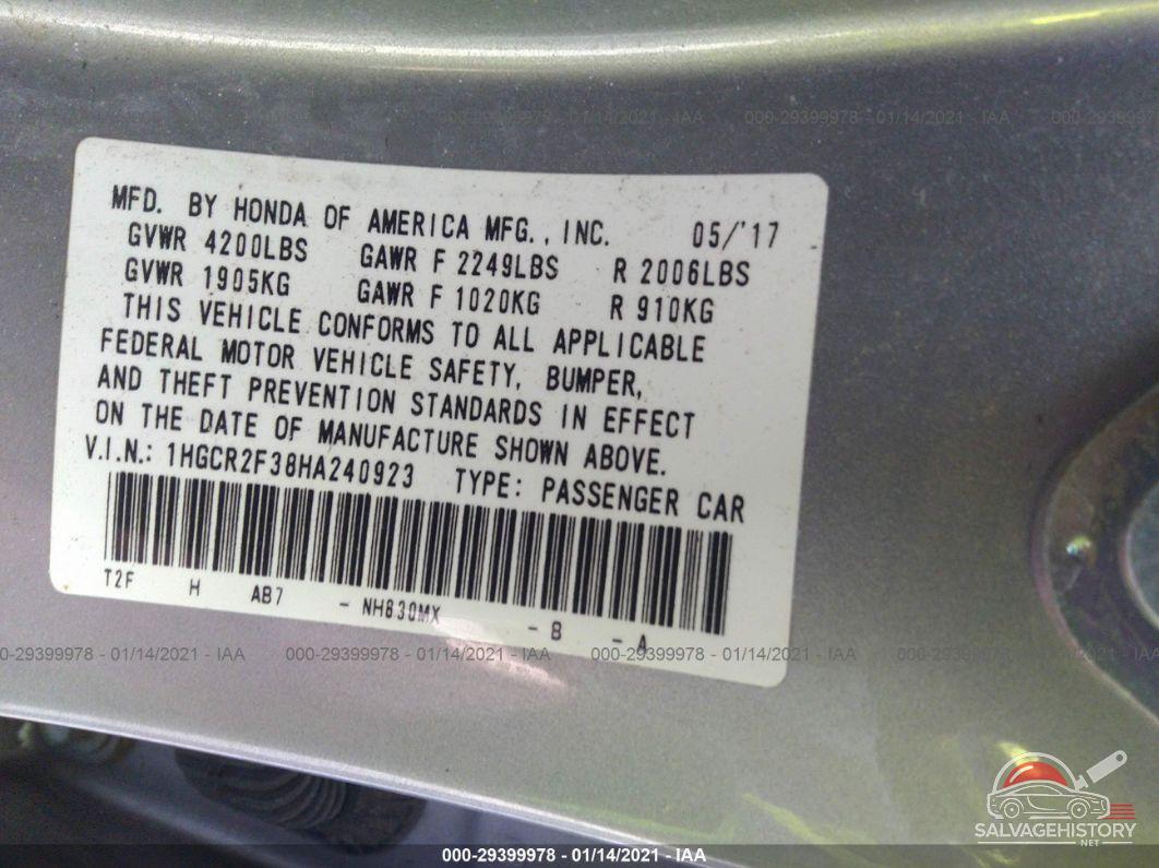 1HGCR2F38HA240923 2017 HONDA ACCORD SEDAN photo no. 9