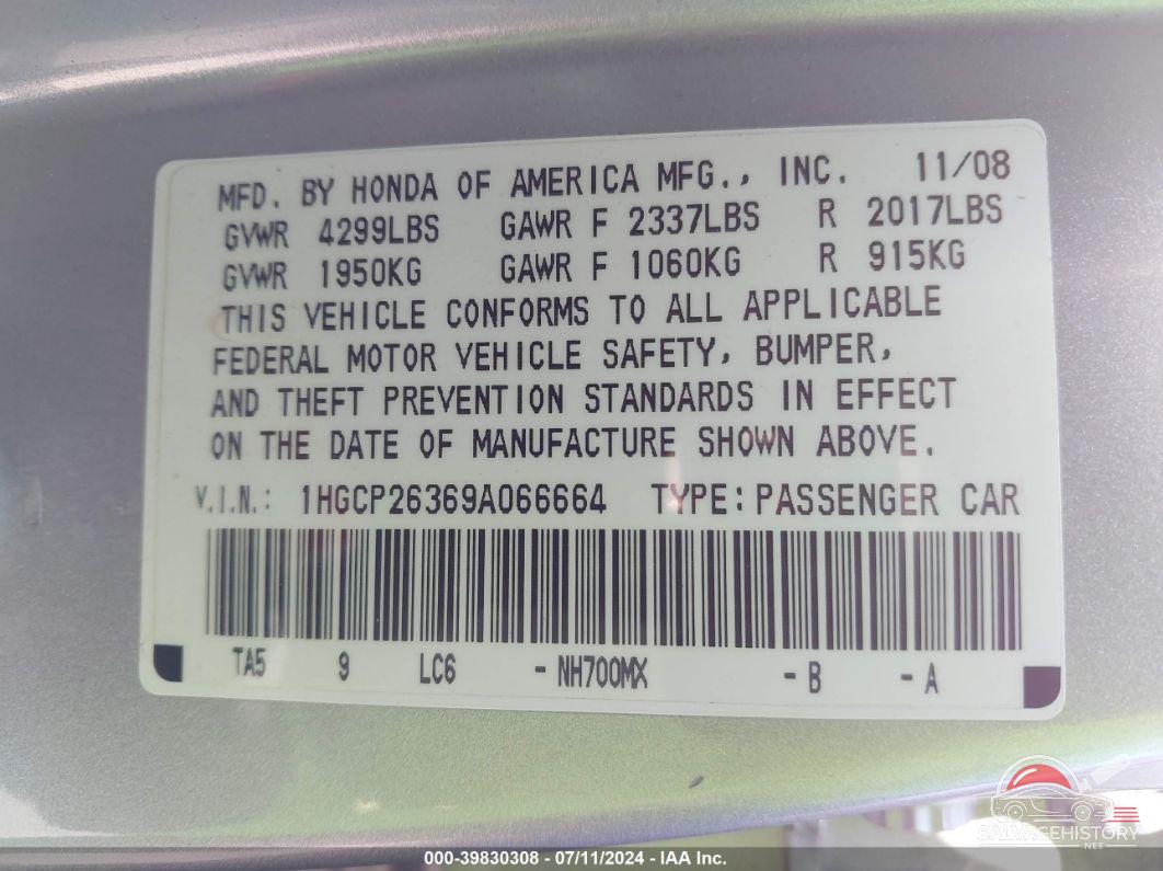 1HGCP26369A066664 2009 HONDA ACCORD photo no. 9