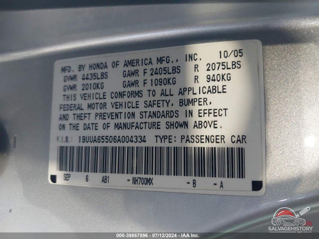 19UUA65506A004334 2006 ACURA TL photo no. 9