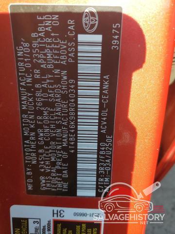 4T4BE46K98R040349 2008 TOYOTA CAMRY photo no. 12