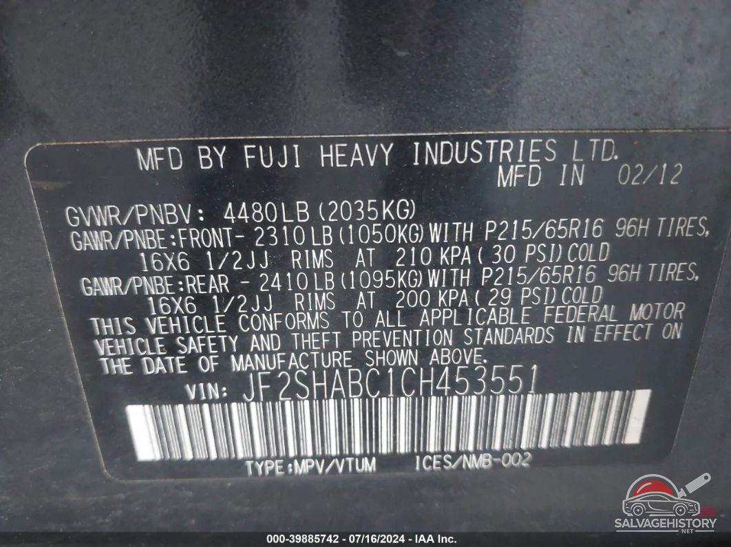 JF2SHABC1CH453551 2012 SUBARU FORESTER photo no. 9