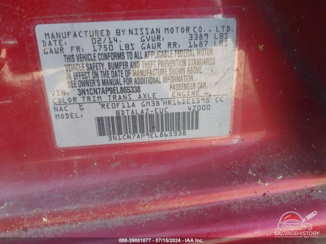 3N1CN7AP9EL865338 2014 NISSAN VERSA photo no. 9
