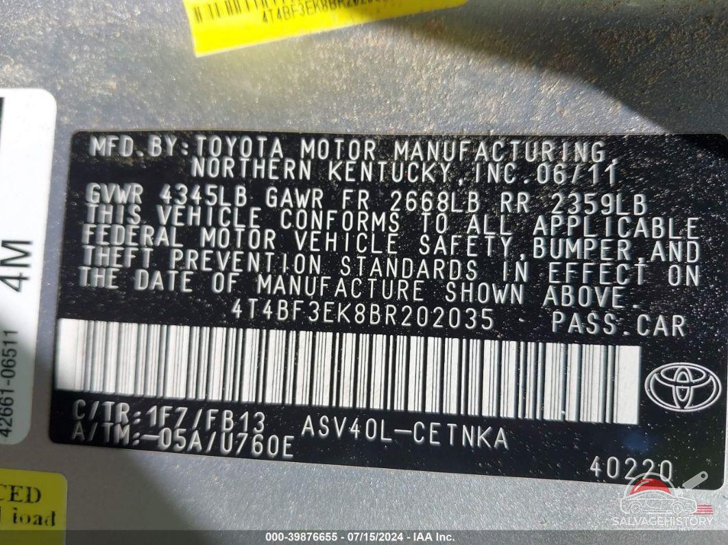 4T4BF3EK8BR202035 2011 TOYOTA CAMRY photo no. 9
