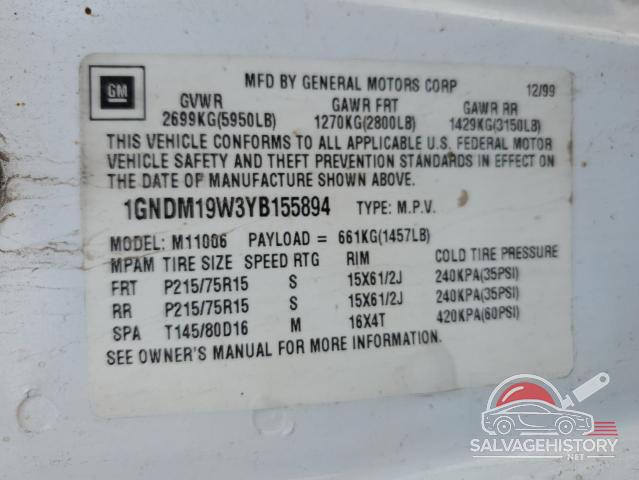 1GNDM19W3YB155894 2000 CHEVROLET All Models photo no. 13