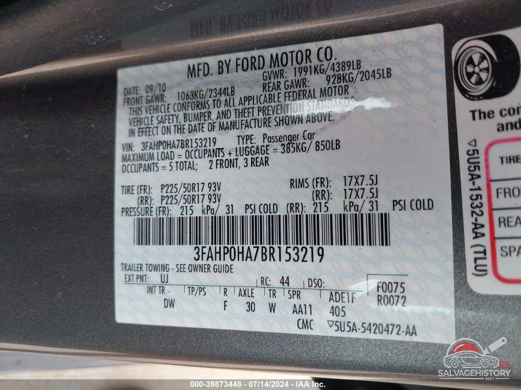 3FAHP0HA7BR153219 2011 FORD FUSION photo no. 9