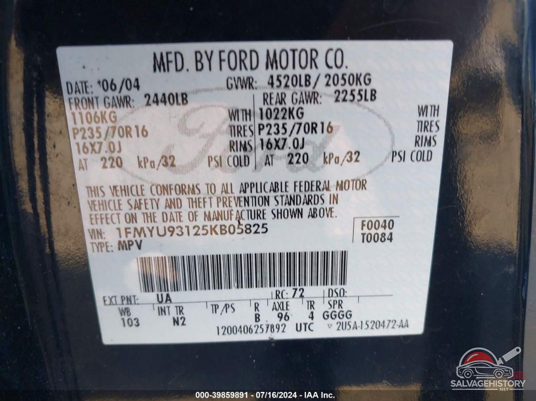 1FMYU93125KB05825 2005 FORD ESCAPE photo no. 9