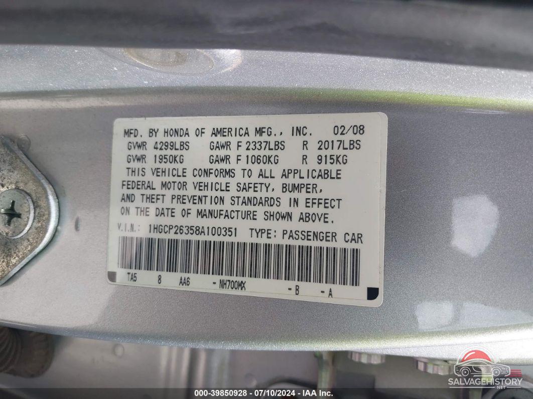 1HGCP26358A100351 2008 HONDA ACCORD photo no. 9