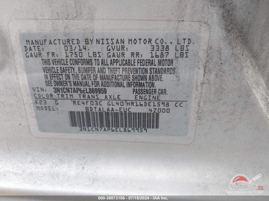 3N1CN7AP6EL869959 2014 NISSAN VERSA photo no. 9