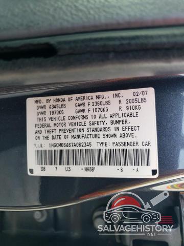 1HGCM66467A062345 2007 HONDA ACCORD photo no. 12