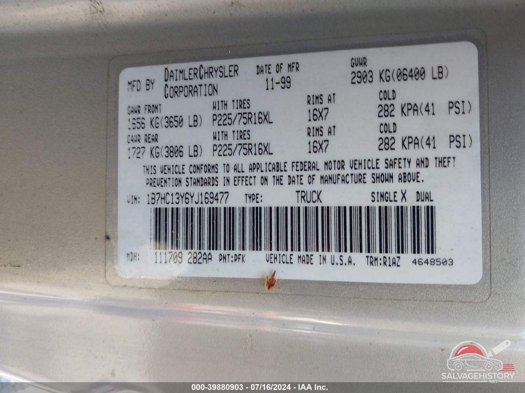 1B7HC13Y6YJ169477 2000 DODGE RAM 1500 photo no. 9
