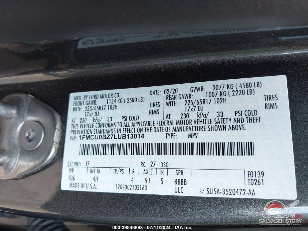 1FMCU0BZ7LUB13014 2020 FORD ESCAPE photo no. 9