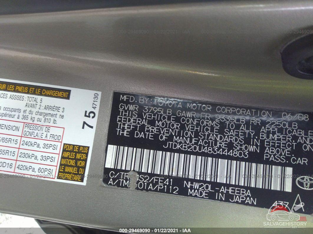 JTDKB20U483444803 2008 TOYOTA PRIUS photo no. 9