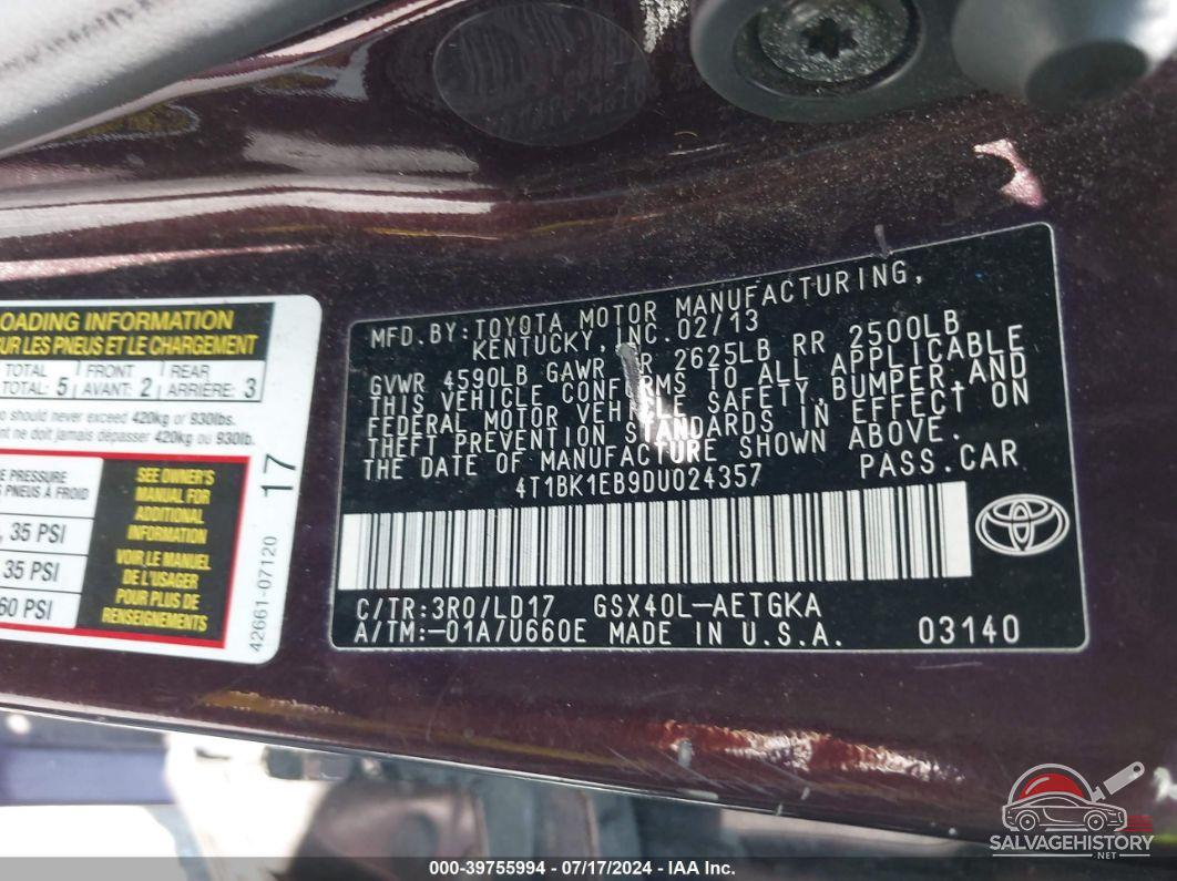 4T1BK1EB9DU024357 2013 TOYOTA AVALON photo no. 9