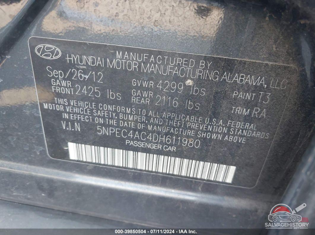 5NPEC4AC4DH611980 2013 HYUNDAI SONATA photo no. 9