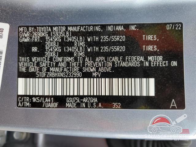 5TDFZRBHXNS232990 2022 TOYOTA HIGHLANDER photo no. 14