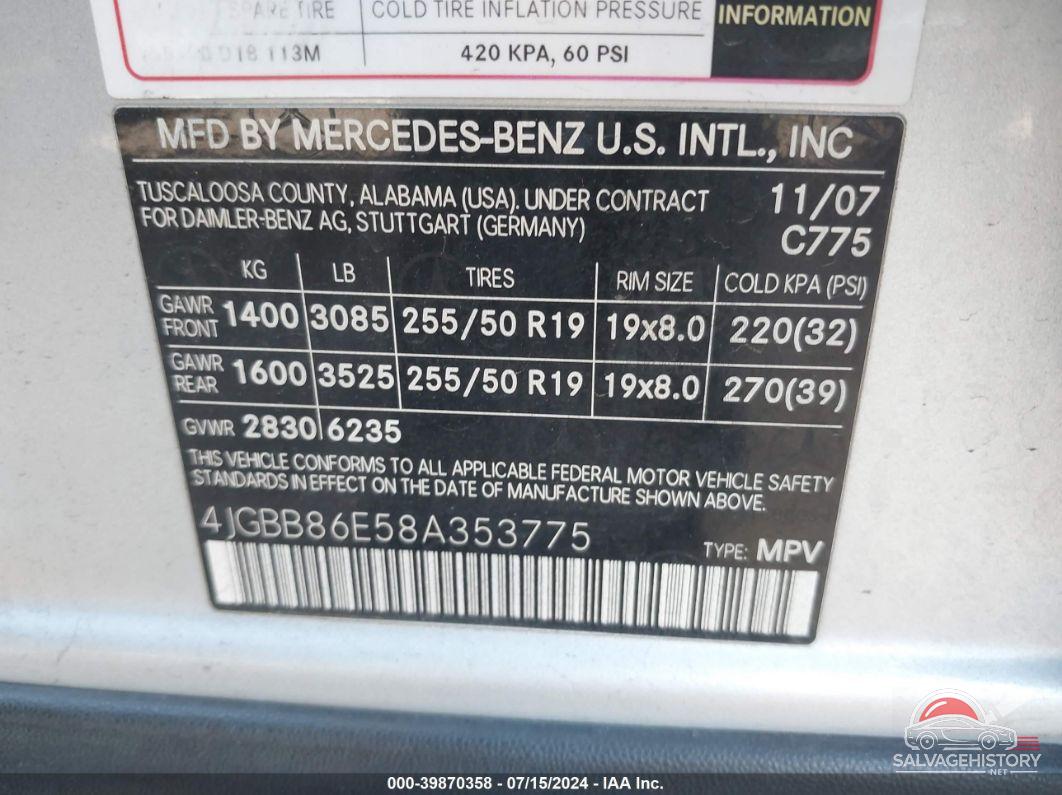 4JGBB86E58A353775 2008 MERCEDES-BENZ ML 350 photo no. 9