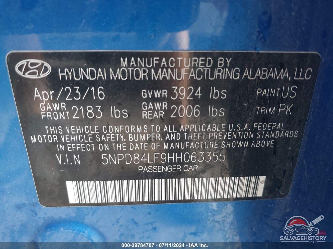 5NPD84LF9HH063355 2017 HYUNDAI ELANTRA photo no. 9