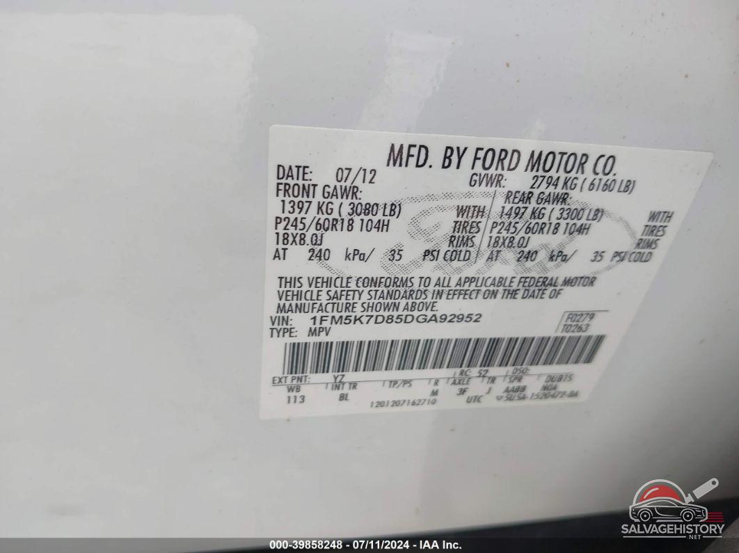 1FM5K7D85DGA92952 2013 FORD EXPLORER photo no. 9