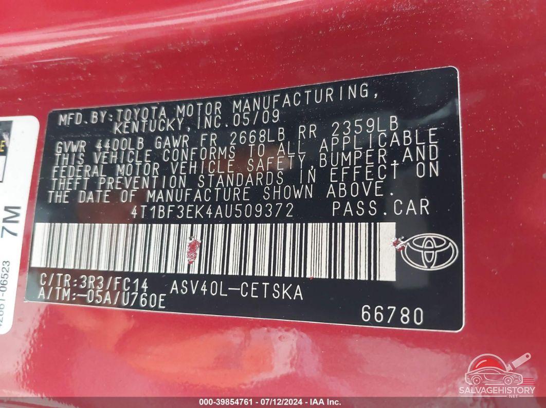 4T1BF3EK4AU509372 2010 TOYOTA CAMRY photo no. 9