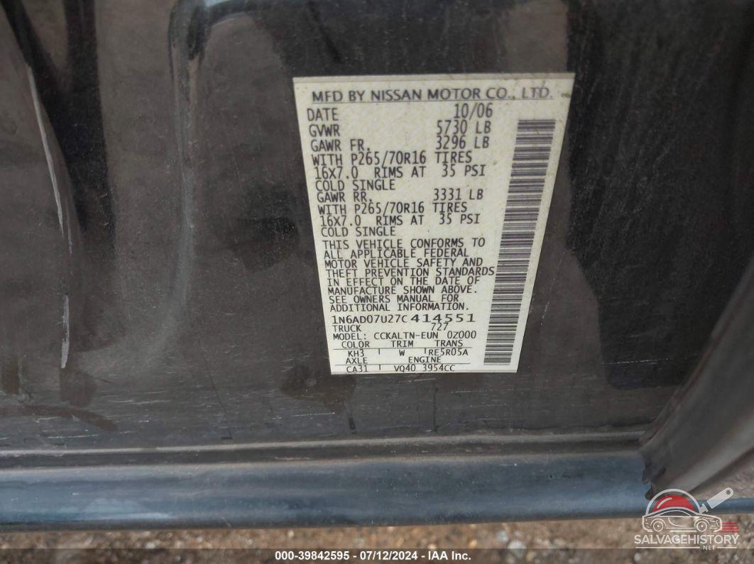 1N6AD07U27C414551 2007 NISSAN FRONTIER photo no. 9