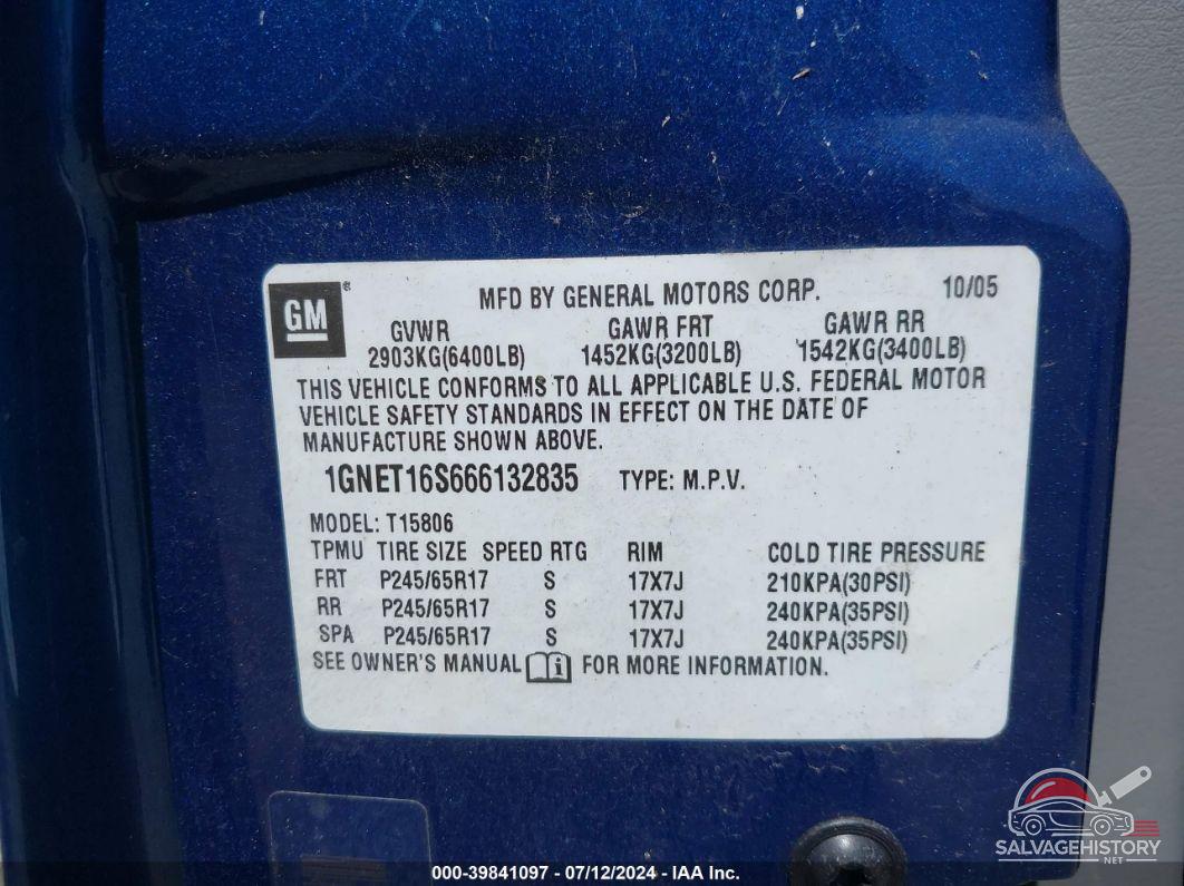 1GNET16S666132835 2006 CHEVROLET TRAILBLAZER EXT photo no. 9