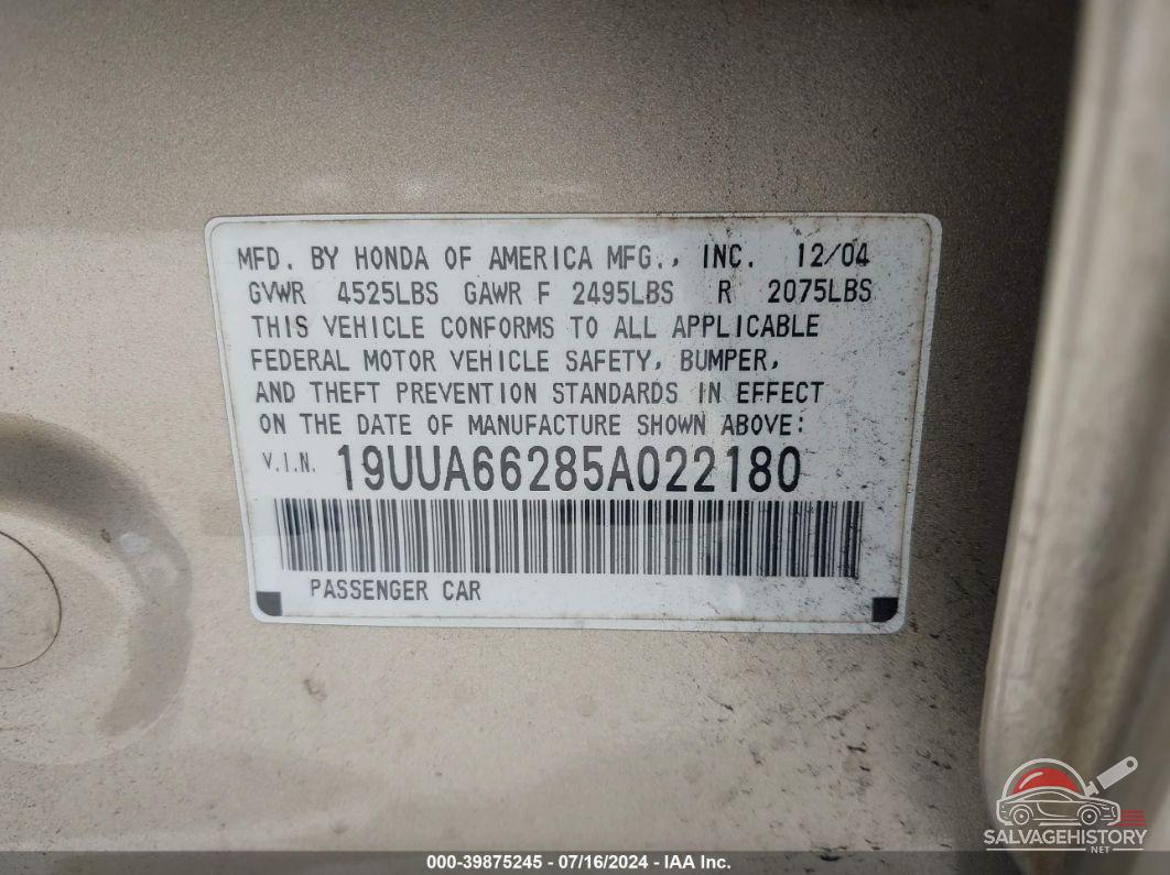 19UUA66285A022180 2005 ACURA TL photo no. 9