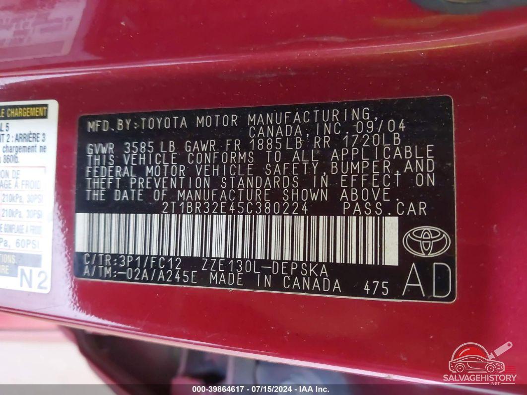 2T1BR32E45C380224 2005 TOYOTA COROLLA photo no. 9