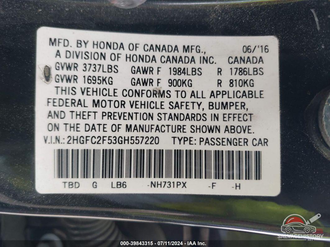 2HGFC2F53GH557220 2016 HONDA CIVIC photo no. 9