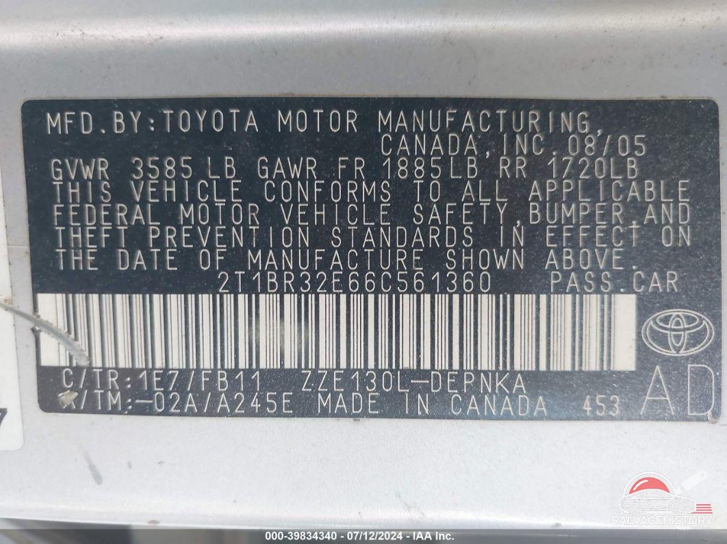 2T1BR32E66C561360 2006 TOYOTA COROLLA photo no. 9