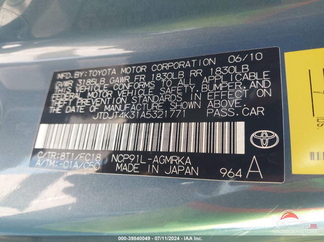 JTDJT4K31A5321771 2010 TOYOTA YARIS photo no. 9