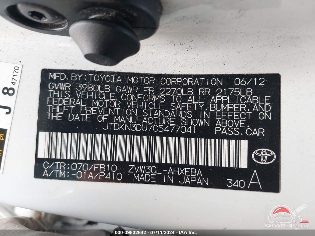 JTDKN3DU7C5477041 2012 TOYOTA PRIUS photo no. 9