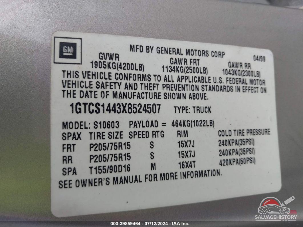 1GTCS1443X8524507 1999 GMC SONOMA photo no. 9