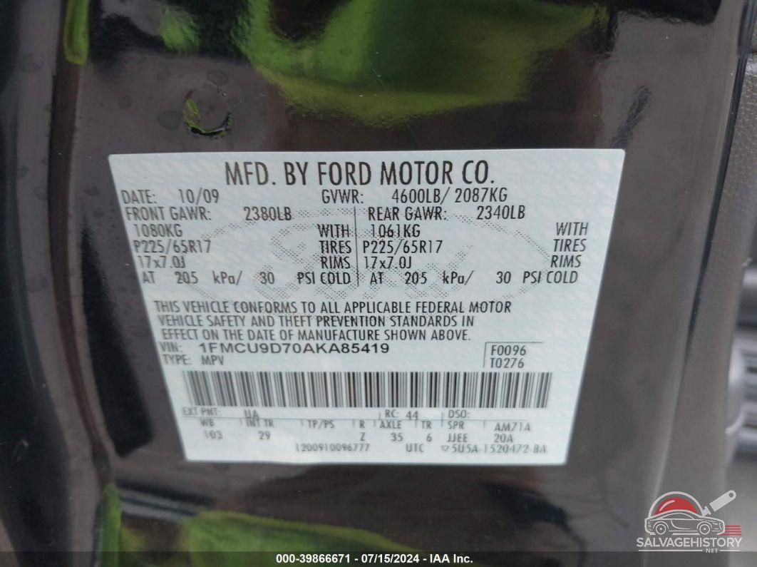 1FMCU9D70AKA85419 2010 FORD ESCAPE photo no. 9