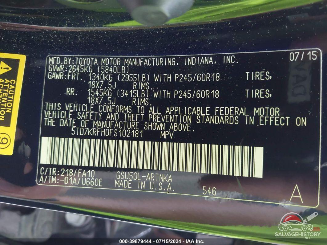 5TDZKRFH0FS102181 2015 TOYOTA HIGHLANDER photo no. 9