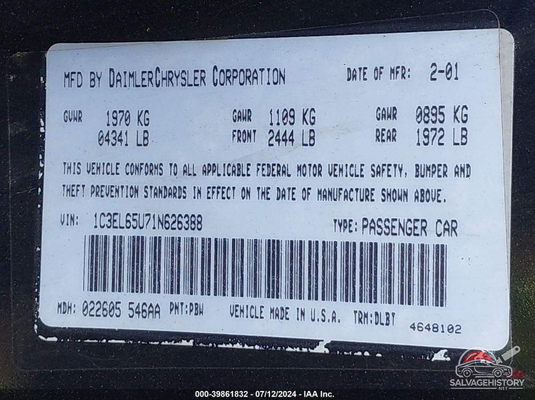 1C3EL65U71N626388 2001 CHRYSLER SEBRING photo no. 9