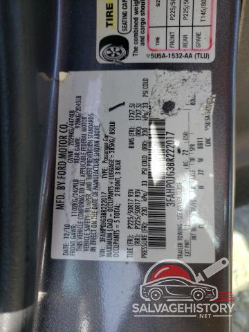 3FAHP0JG3BR222017 2011 FORD FUSION photo no. 12