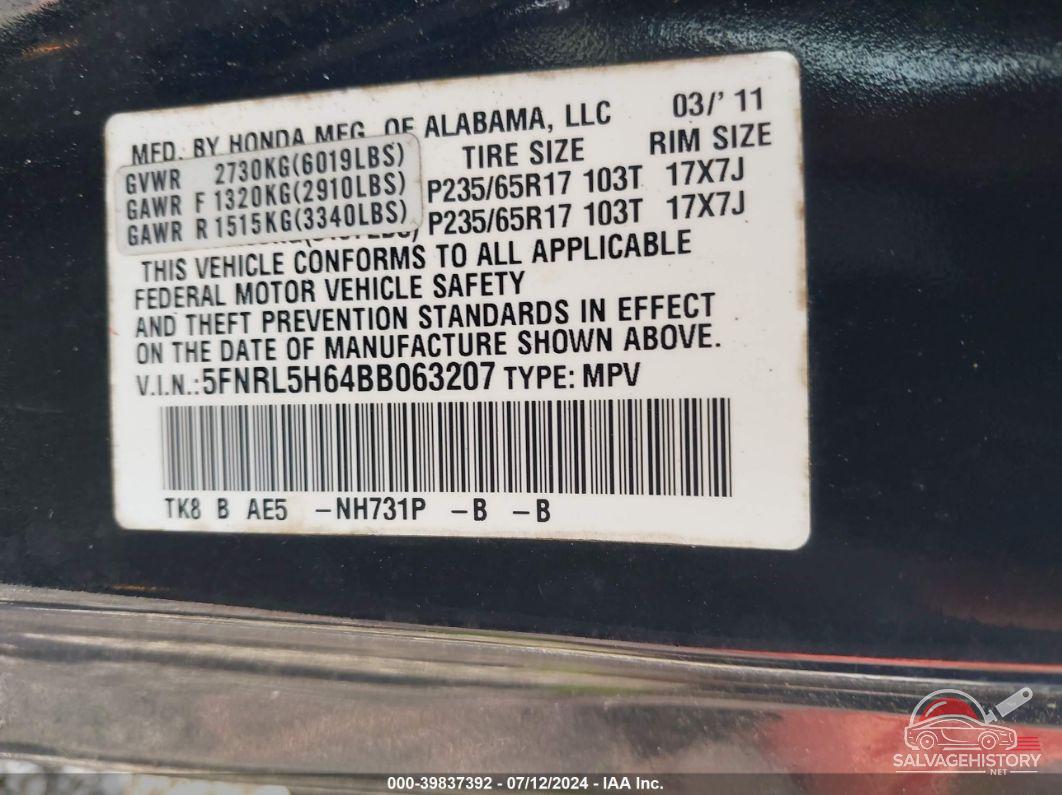 5FNRL5H64BB063207 2011 HONDA ODYSSEY photo no. 9